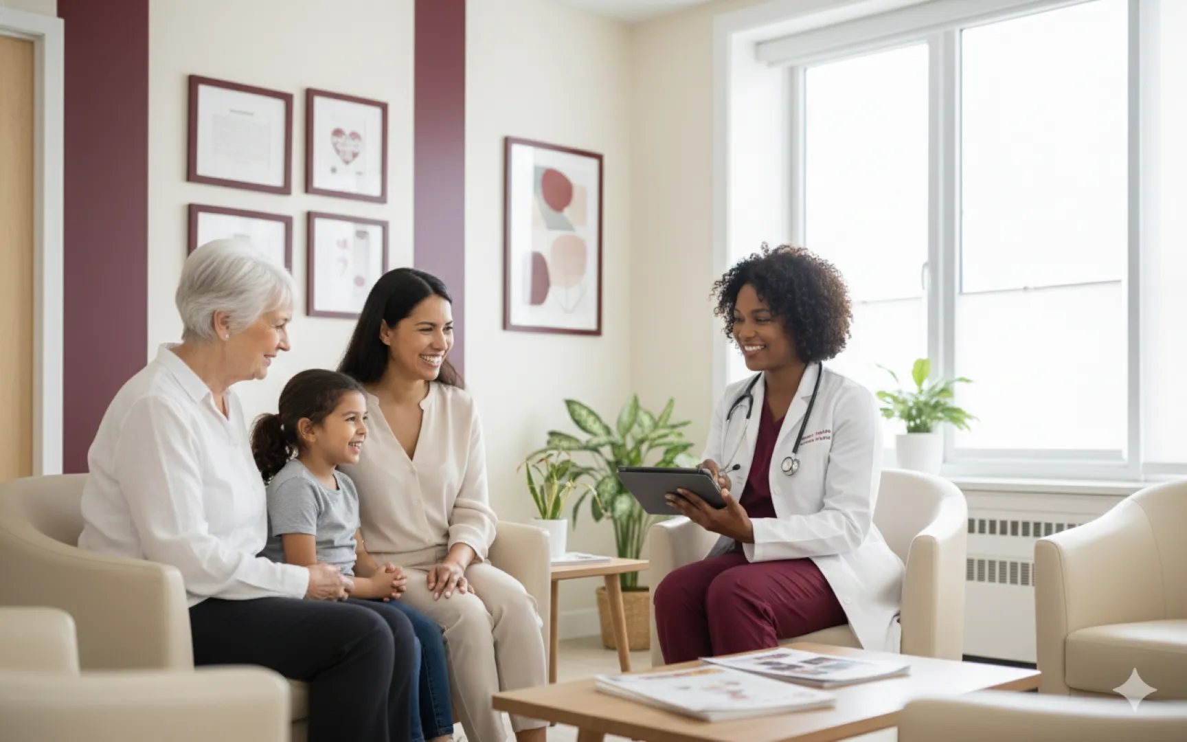 A family meeting their doctor in a bright waiting room